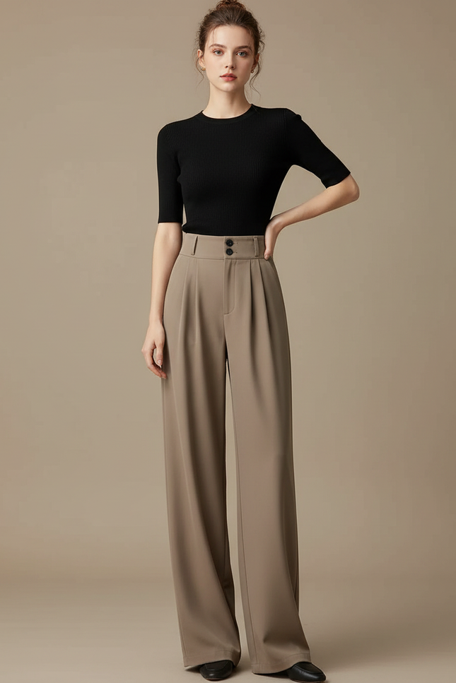 Pantalon Fluide Évasé Taille Haute Plissé Marron Élégant - Kaki Polyester