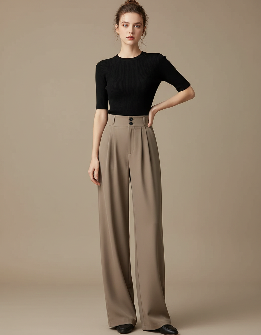 Pantalon Fluide Évasé Taille Haute Plissé Marron Élégant - Kaki Polyester