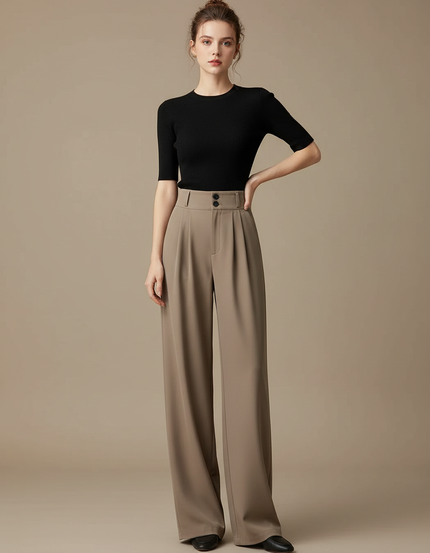 Pantalon Fluide Évasé Taille Haute Plissé Marron Élégant - Kaki Polyester