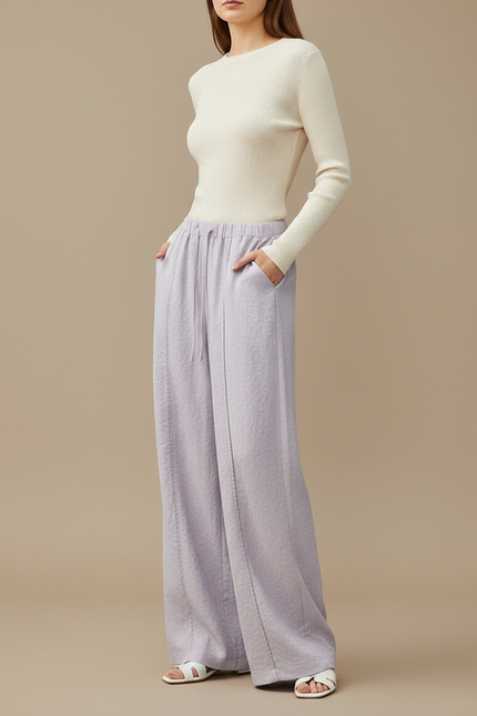 Pantalon Fluide Lilas Drapé Ample Texturé Décontracté Élégant - Violet Molleton