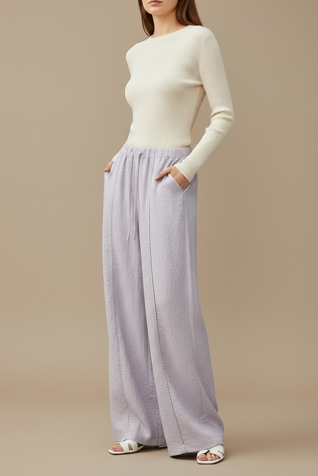 Pantalon Fluide Lilas Drapé Ample Texturé Décontracté Élégant - Violet Molleton