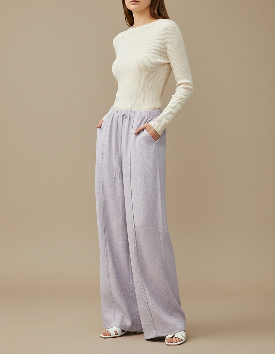 Pantalon Fluide Lilas Drapé Ample Texturé Décontracté Élégant - Violet Molleton