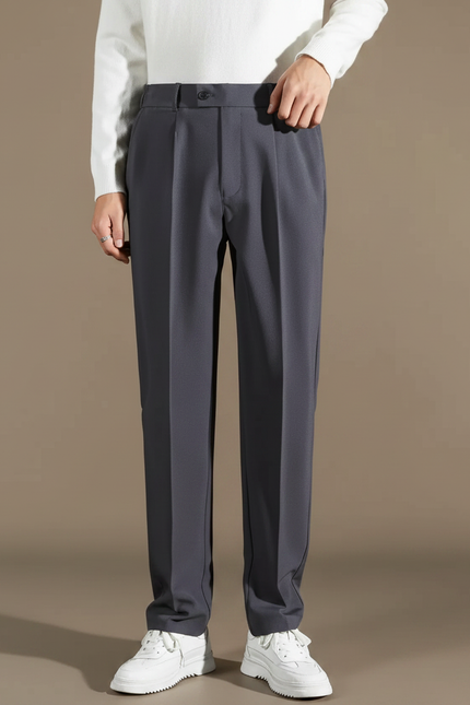 Pantalon Fluide Gris Droit Plissé Élégant Homme - Polyester