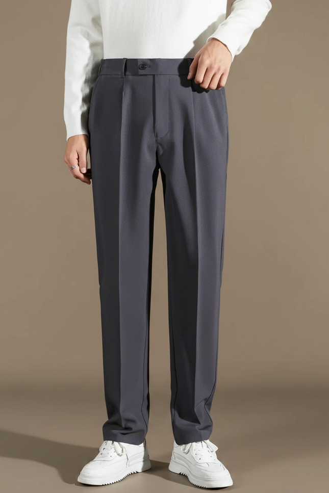 Pantalon Fluide Gris Droit Plissé Élégant Homme - Polyester