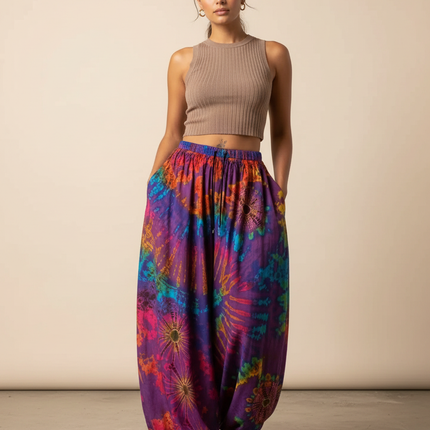 Pantalon Fluide Tie Dye Coloré Ample Confortable Bohème - Multicolore Viscose