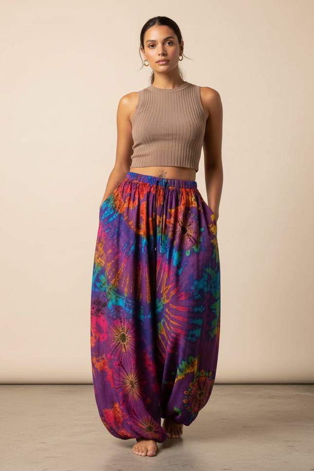 Pantalon Fluide Tie Dye Coloré Ample Confortable Bohème - Multicolore Viscose