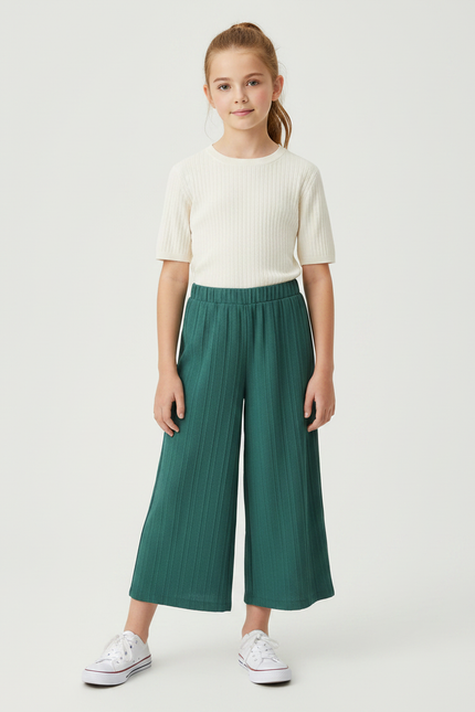 Pantalon Fluide Vert Plissé Ample Fille Décontracté - Maille