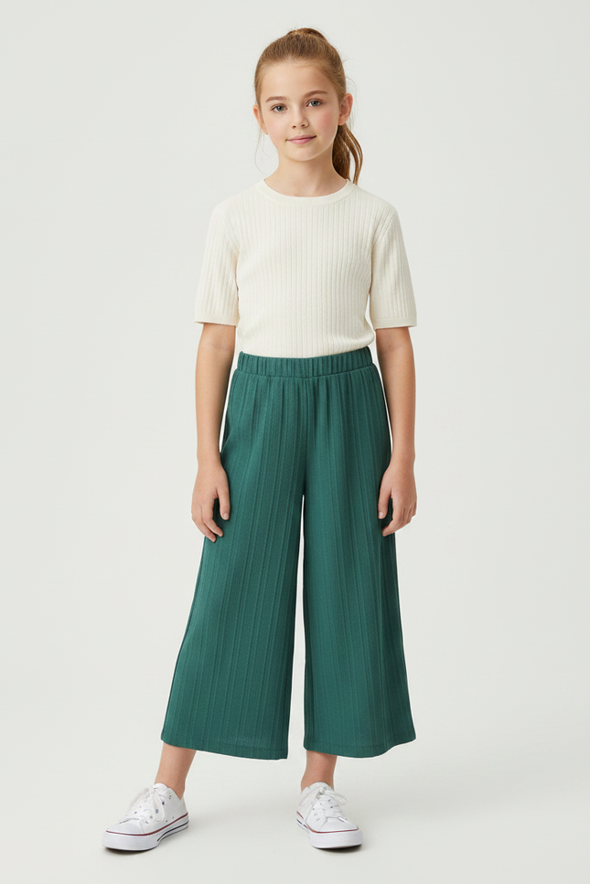 Pantalon Fluide Vert Plissé Ample Fille Décontracté - Maille