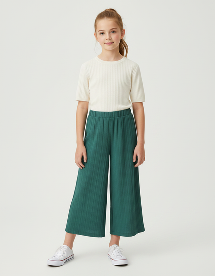 Pantalon Fluide Vert Plissé Ample Fille Décontracté - Maille