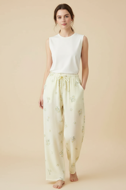 Pantalon Fluide Écru Fleuri Coton Ample Décontracté - Jaune