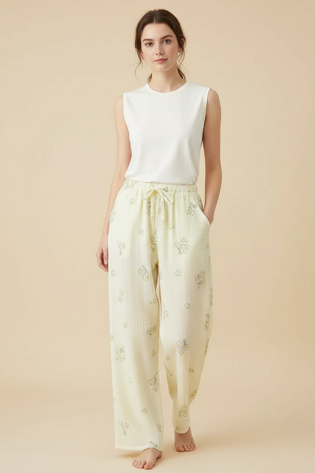 Pantalon Fluide Écru Fleuri Coton Ample Décontracté - Jaune