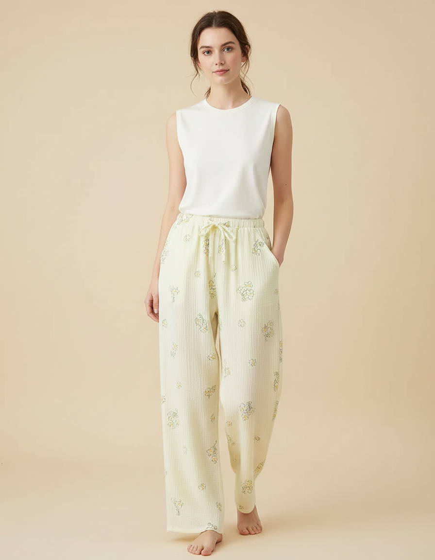 Pantalon Fluide Écru Fleuri Coton Ample Décontracté - Jaune