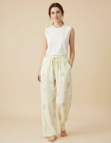 Pantalon Fluide Écru Fleuri Coton Ample Décontracté - Jaune