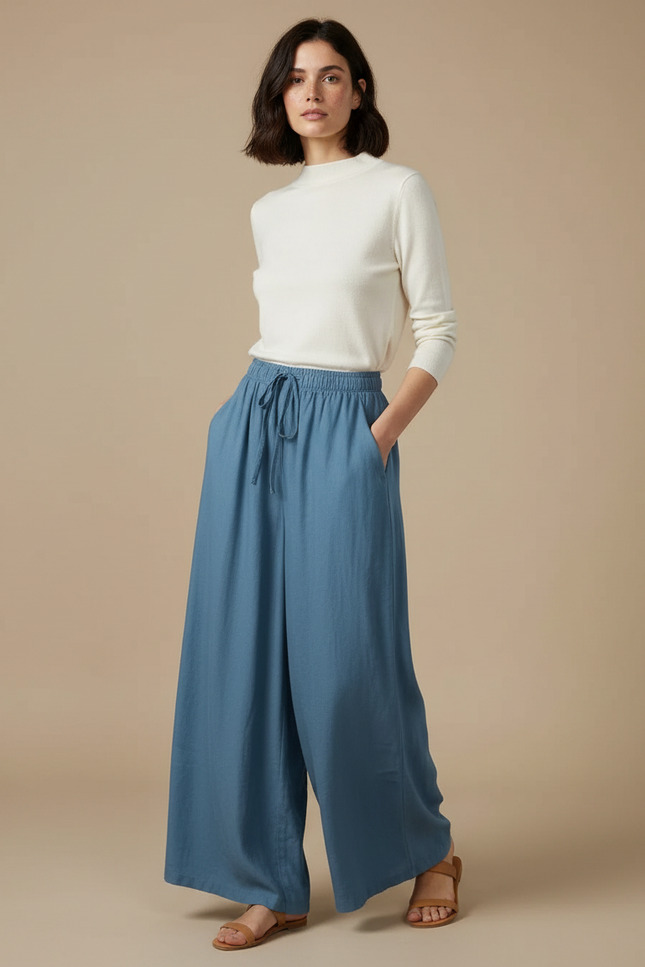 Pantalon Fluide Bleu Coton Lin Ample Décontracté