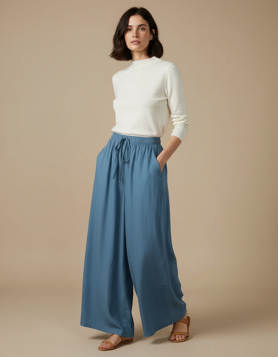 Pantalon Fluide Bleu Coton Lin Ample Décontracté