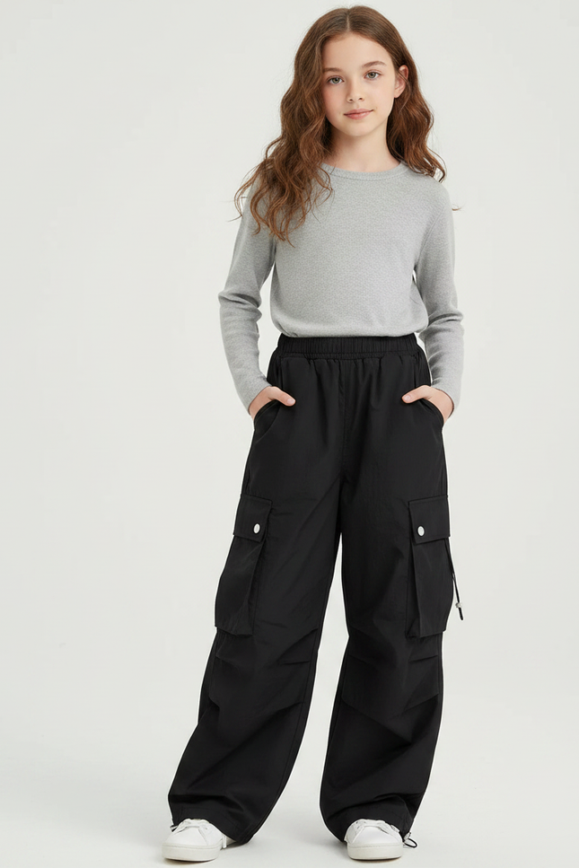 Pantalon Fluide Noir Ample Cargo Décontracté Fille - Polyester