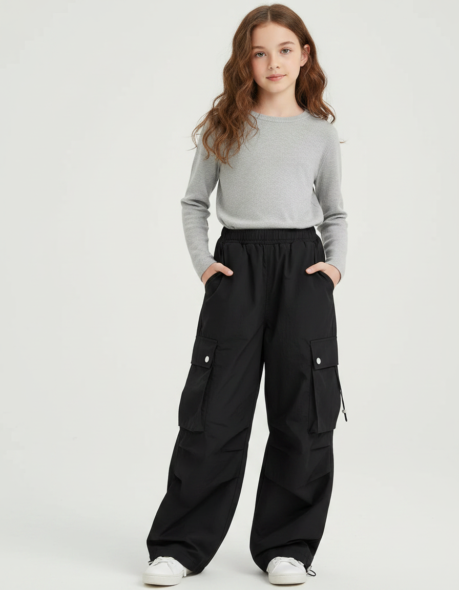 Pantalon Fluide Noir Ample Cargo Décontracté Fille - Polyester