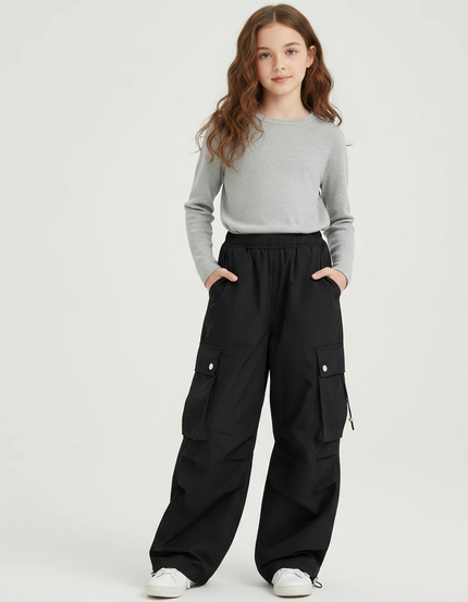 Pantalon Fluide Noir Ample Cargo Décontracté Fille - Polyester