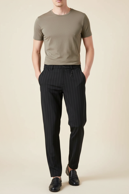 Pantalon Fluide Noir Rayé Décontracté Homme Élégant - Laine