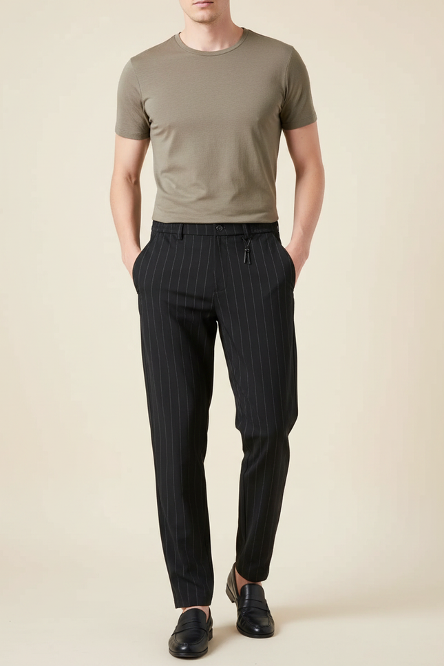 Pantalon Fluide Noir Rayé Décontracté Homme Élégant - Laine