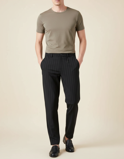 Pantalon Fluide Noir Rayé Décontracté Homme Élégant - Laine