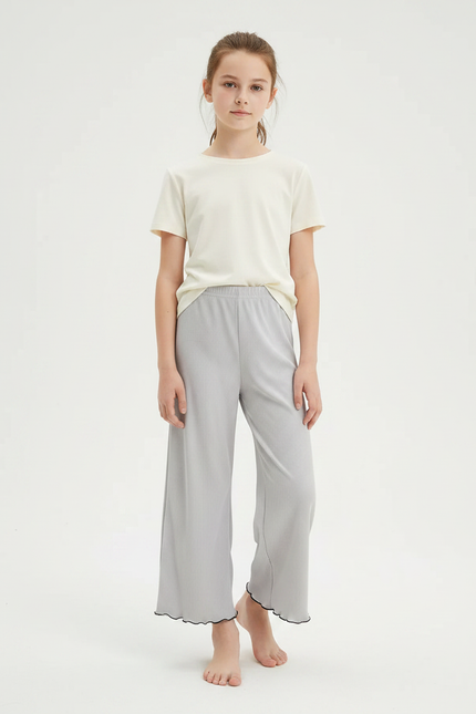 Pantalon Fluide Gris Côtelé Ample Décontracté Fille - Maille