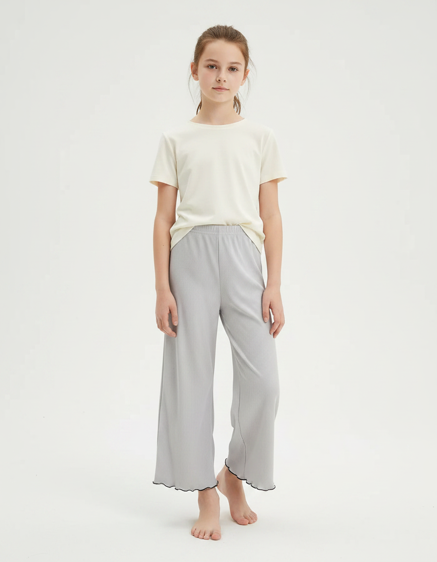 Pantalon Fluide Gris Côtelé Ample Décontracté Fille - Maille