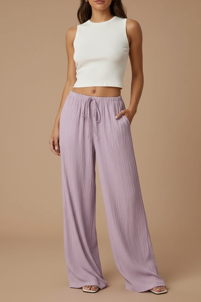 Pantalon Fluide Ample Mauve Texturé Cordon Décontracté Femme - Violet Viscose