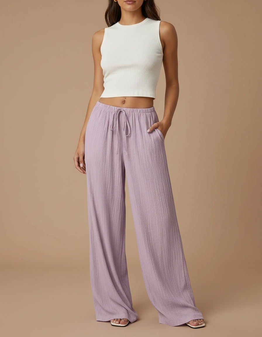 Pantalon Fluide Ample Mauve Texturé Cordon Décontracté Femme - Violet Viscose