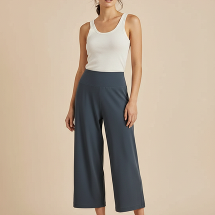Pantalon Fluide Gris Ample Décontracté Élastique Court Femme - Viscose