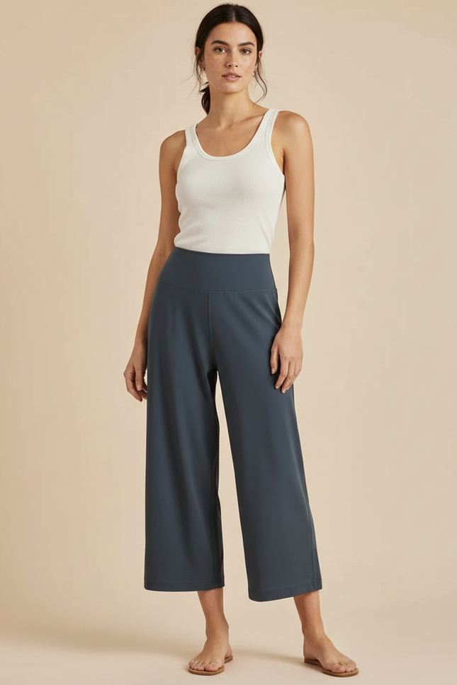 Pantalon Fluide Gris Ample Décontracté Élastique Court Femme - Viscose