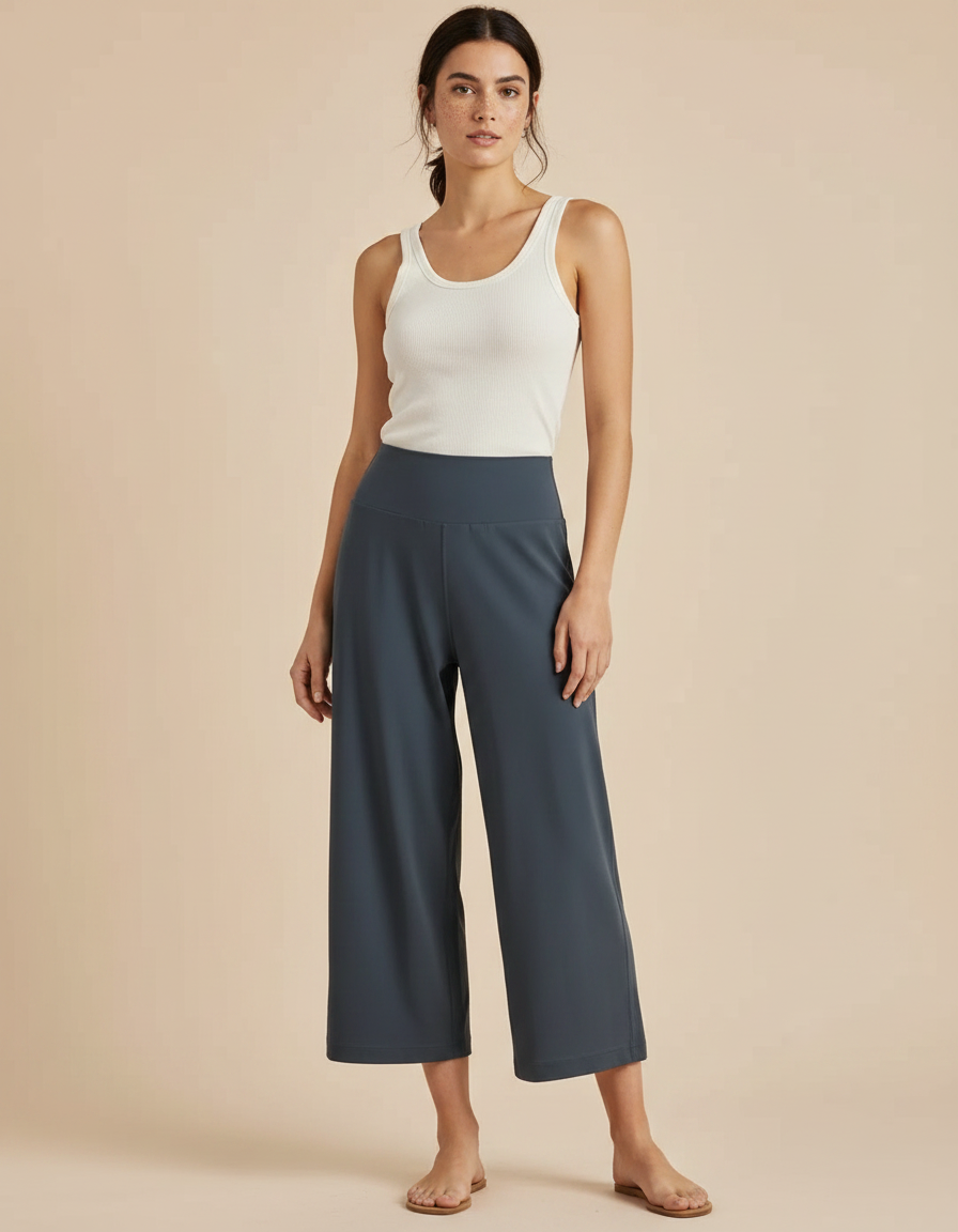 Pantalon Fluide Gris Ample Décontracté Élastique Court Femme - Viscose