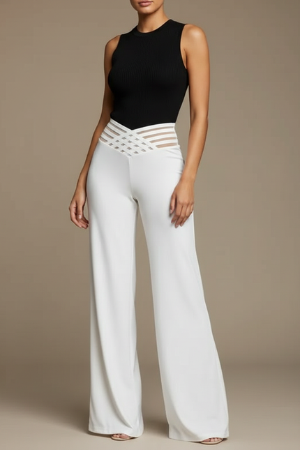 Pantalon Fluide Blanc Ample Taille Haute Évasé Élégant - Viscose