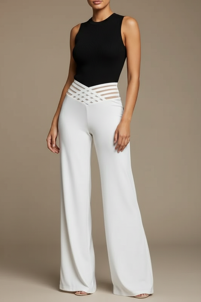 Pantalon Fluide Blanc Ample Taille Haute Évasé Élégant - Viscose