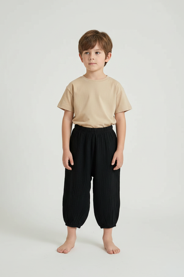 Pantalon Fluide Noir Ample Coton Plissé Enfant
