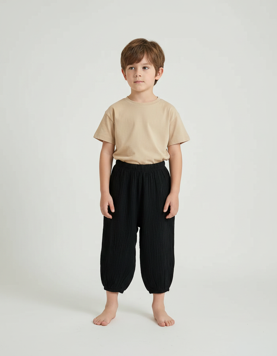 Pantalon Fluide Noir Ample Coton Plissé Enfant