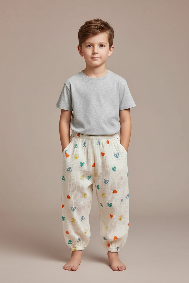 Pantalon Fluide Écru Cœurs Colorés Ample Coton Enfant - Blanc