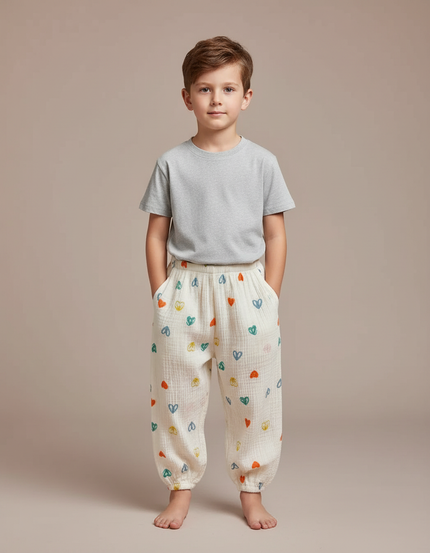Pantalon Fluide Écru Cœurs Colorés Ample Coton Enfant - Blanc