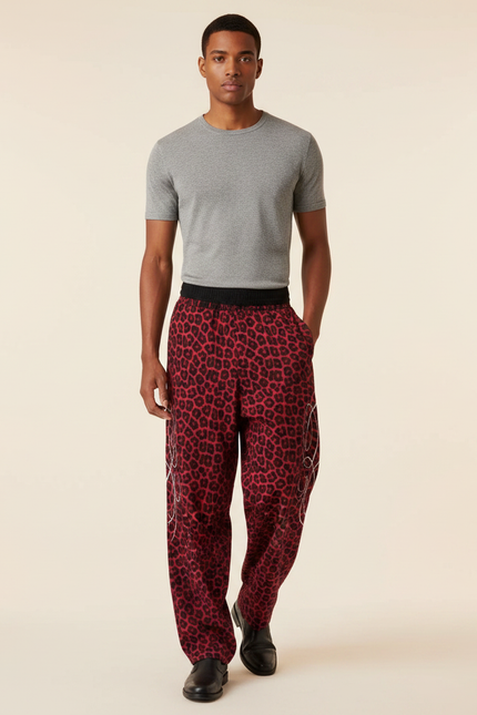 Pantalon Fluide Léopard Rouge Ample Décontracté Homme - Viscose