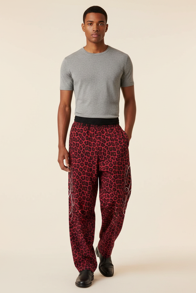 Pantalon Fluide Léopard Rouge Ample Décontracté Homme - Viscose