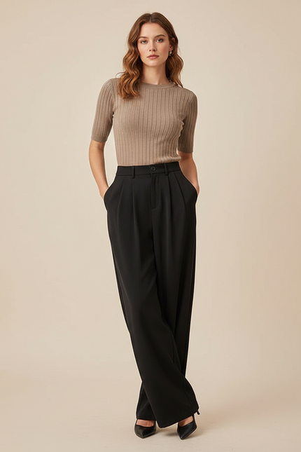 Pantalon Fluide Noir Ample Taille Haute Plissé Droit - Polyester