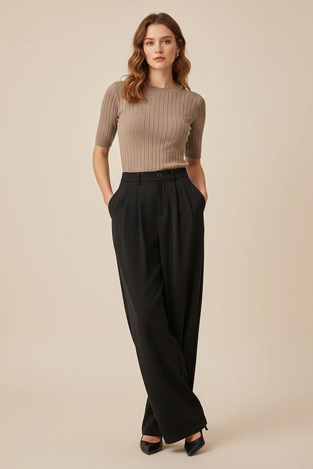 Pantalon Fluide Noir Ample Taille Haute Plissé Droit - Polyester