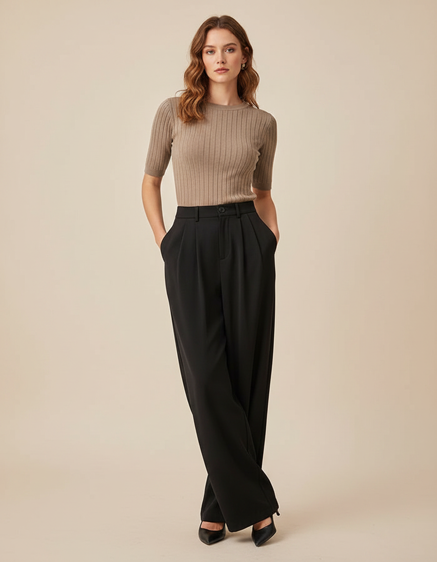 Pantalon Fluide Noir Ample Taille Haute Plissé Droit - Polyester