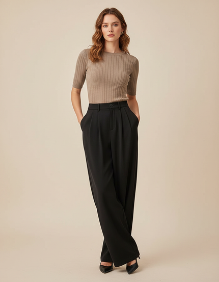 Pantalon Fluide Noir Ample Taille Haute Plissé Droit - Polyester