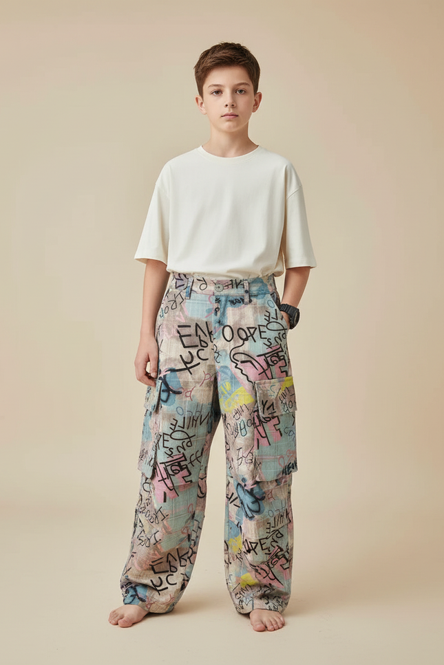 Pantalon Fluide Graffiti Ample Coloré Streetwear Enfant - Multicolore Lin