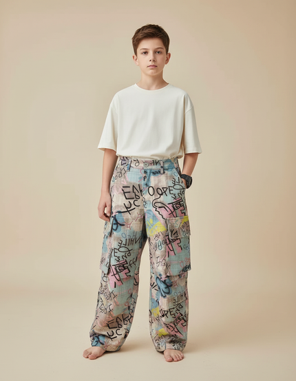 Pantalon Fluide Graffiti Ample Coloré Streetwear Enfant - Multicolore Lin