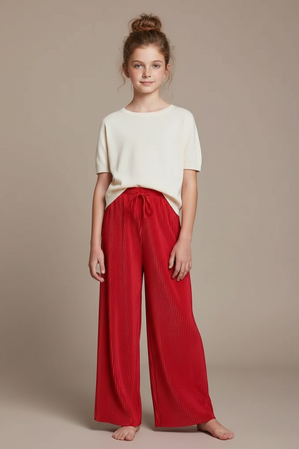 Pantalon Fluide Rouge Plissé Ample Taille Haute Enfant - Polyester