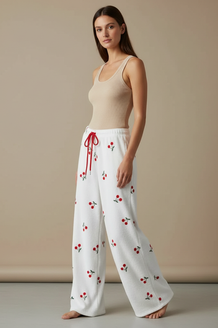 Pantalon Fluide Blanc Cerises Doux Ample Décontracté - Molleton