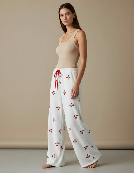 Pantalon Fluide Blanc Cerises Doux Ample Décontracté - Molleton
