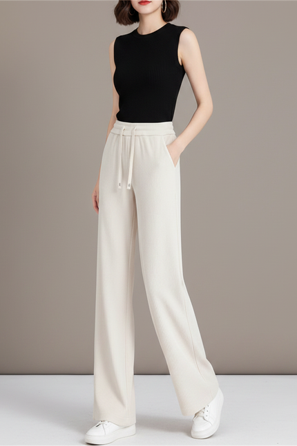 Pantalon Fluide Crème Ample Côtelé Taille Haute Décontracté - Beige Cordé